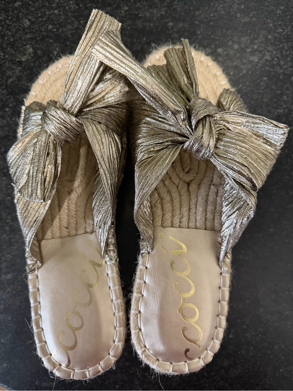 CCOCCI Metallic Gold Bow Espadrille Slide Sandals